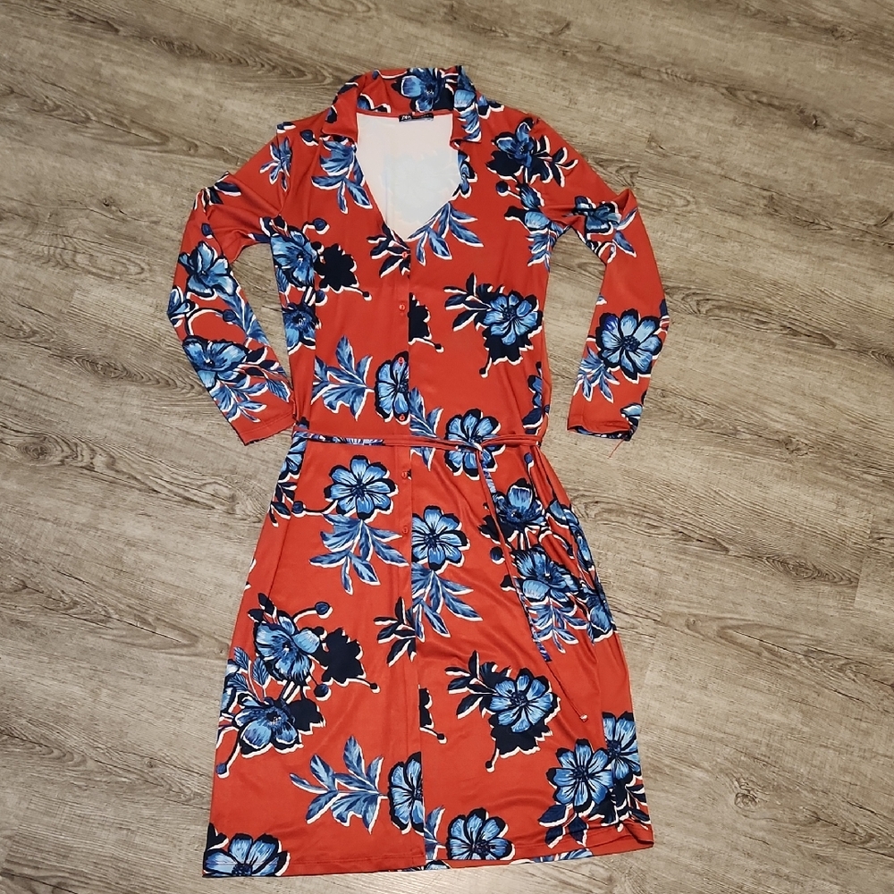 Zara Vibrant Red and Blue Floral Long Sleeve Dress